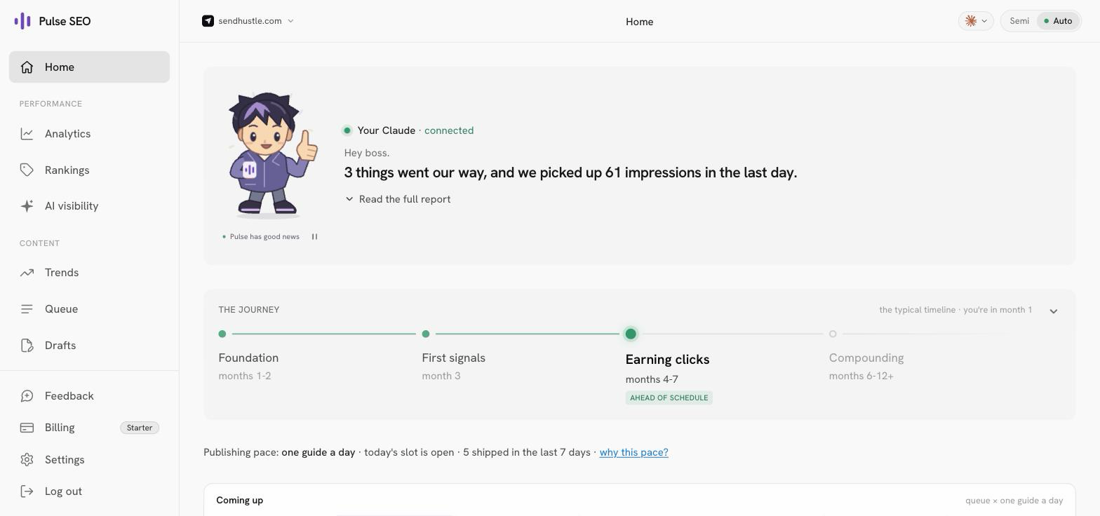 The DispatchSEO dashboard Home page, showing the agent's daily briefing, the current SEO journey stage, publishing pace, and live Search Console traffic for a connected site